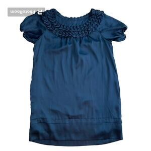 BCBGeneration Satiny Navy Blue Shift Dress Braid Collar Puff Sleeves Size M